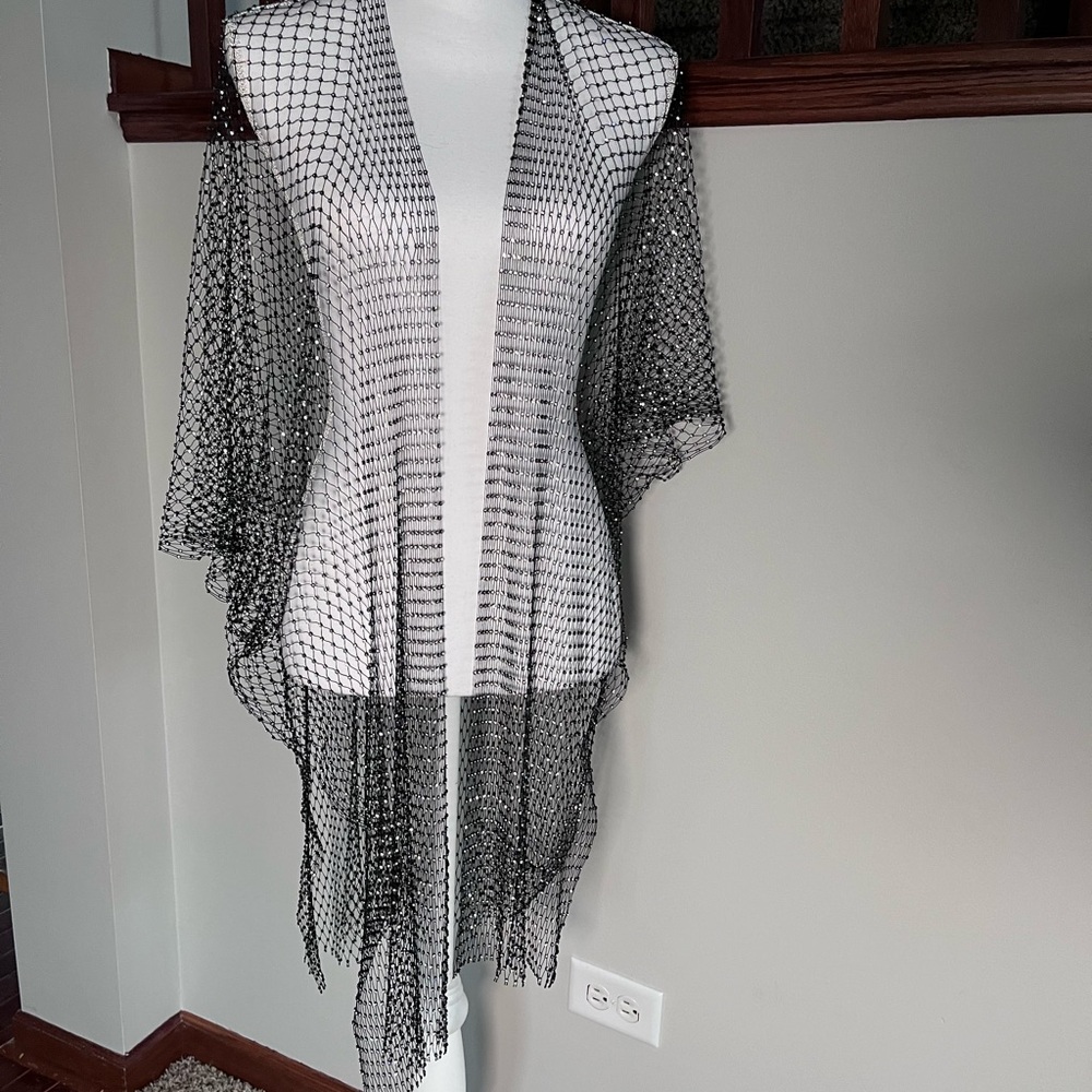 Elegant Black Mesh‎ Rhinestone Shawl with Separate Hood – Glamorous Evening Wrap